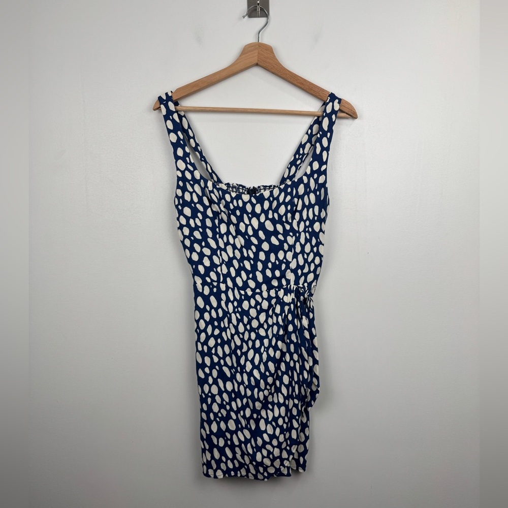 Reformation Navy and White Polka Dot Tie-Waist Dress